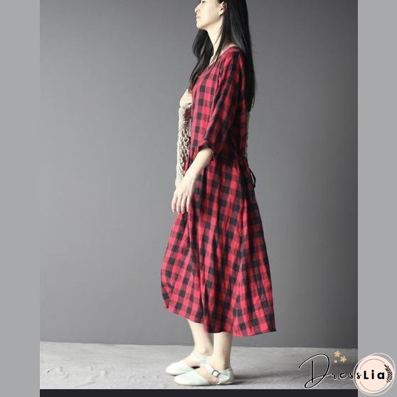 Plaid maxi dress cotton sundress linen three quarter sleeves in red and black