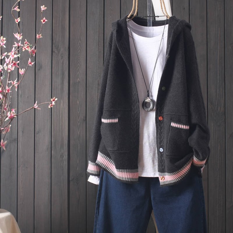 Jacket women's 2021 autumn new knitted cardigan pocket long sleeve hooded button sweater outer top