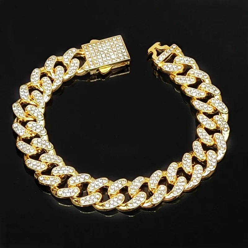 Hip Hop Spring Buckle Snap 12.5mm Full Diamond Large Gold Chain Cuban Chain Necklace Gold Chain Special Sale