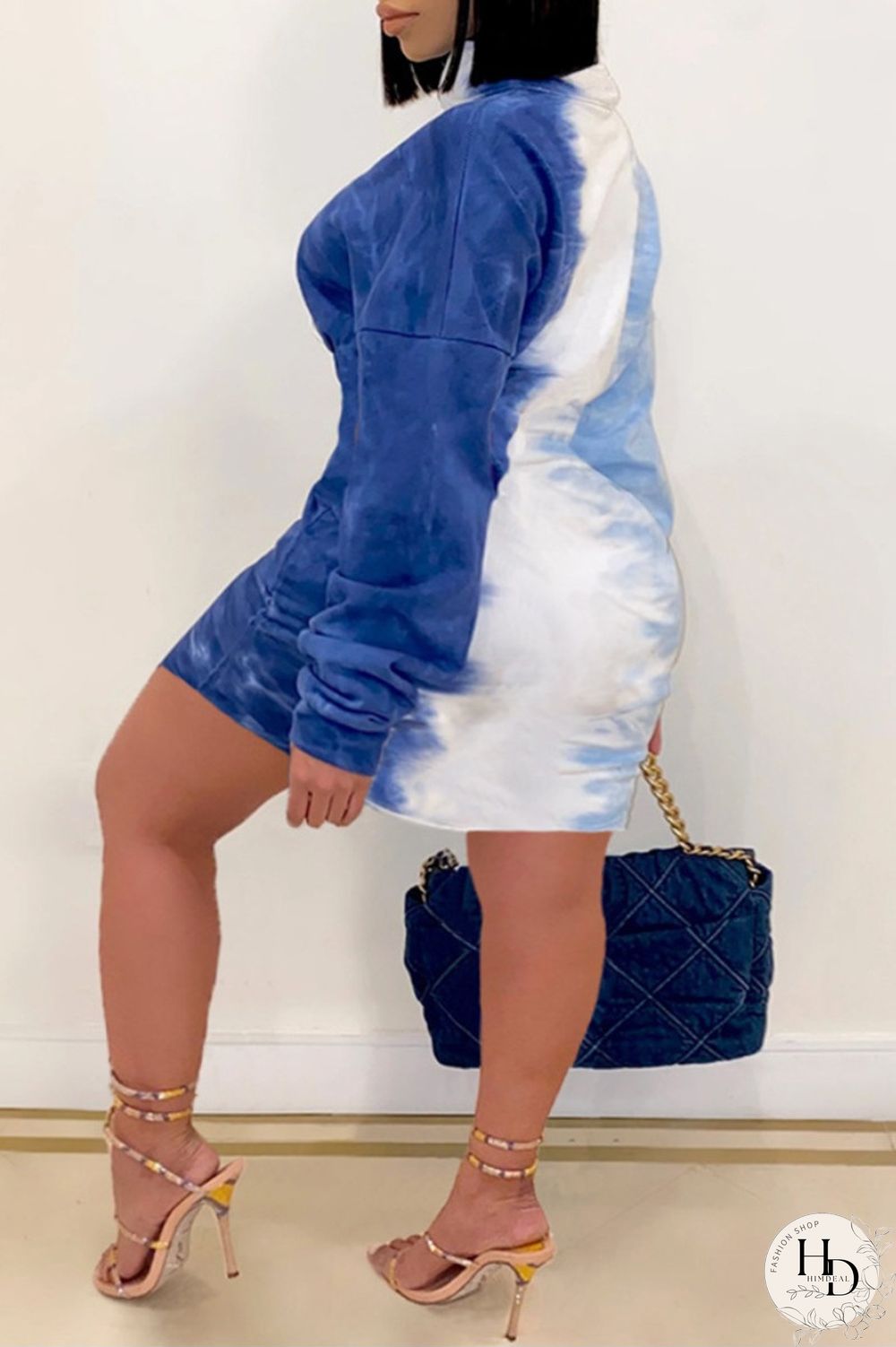 Blue Fashion Sexy Plus Size Gradual Change Print Basic Turndown Collar Printed Dress