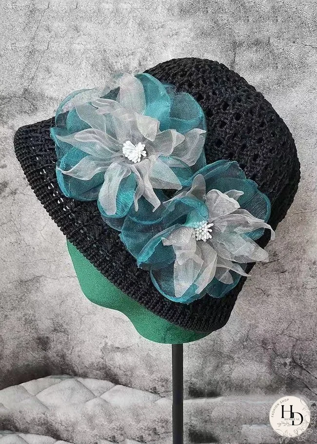 Original Design Black Blue Floral Hollow Out Bucket Hat