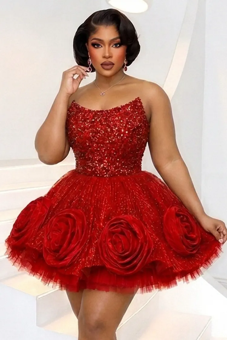 red mini dress glitter Strapless Sequin 3D Rose Tulle Bouffant Dresses-Red [Pre Order] satin
