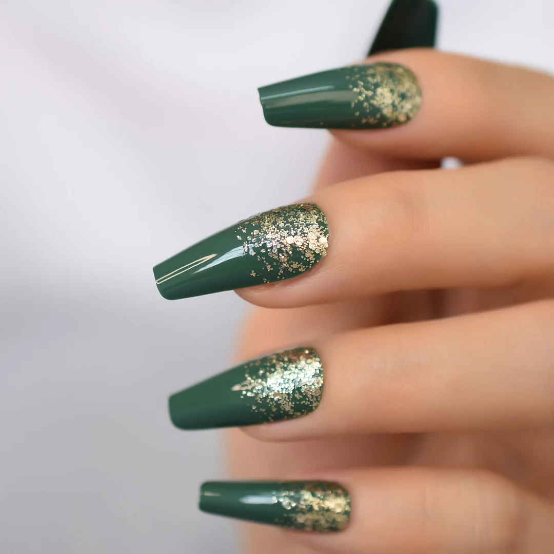 Coffin Fake Nails Set Acrylic Full Cover Press On False Nails Long Dark Green Powder Glitter Decoration Gel Nail Tips-Nail Inspo