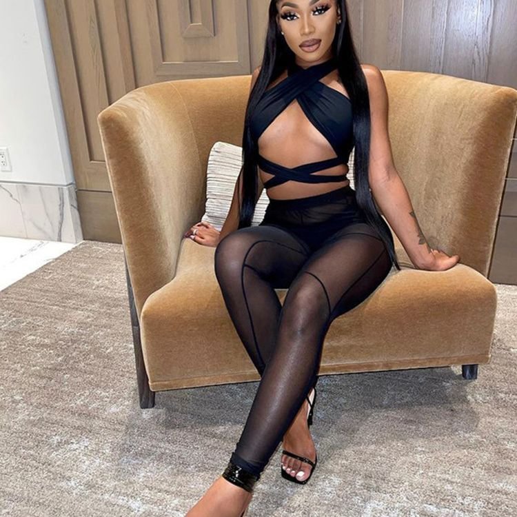 hirigin Sexy Women 2 Pieces Sets Criss-cross Halter Tube Crop Tops Tank and Mesh Sheer See Through High Waist Leggings Pants