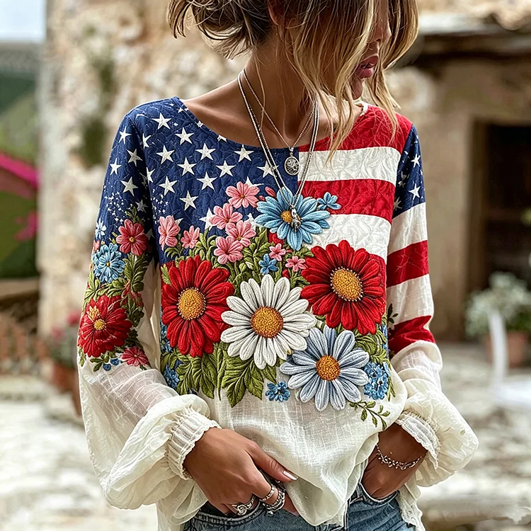 Women's Independence Day Flag Flower Print Long Sleeve Linen Blend T-shirt