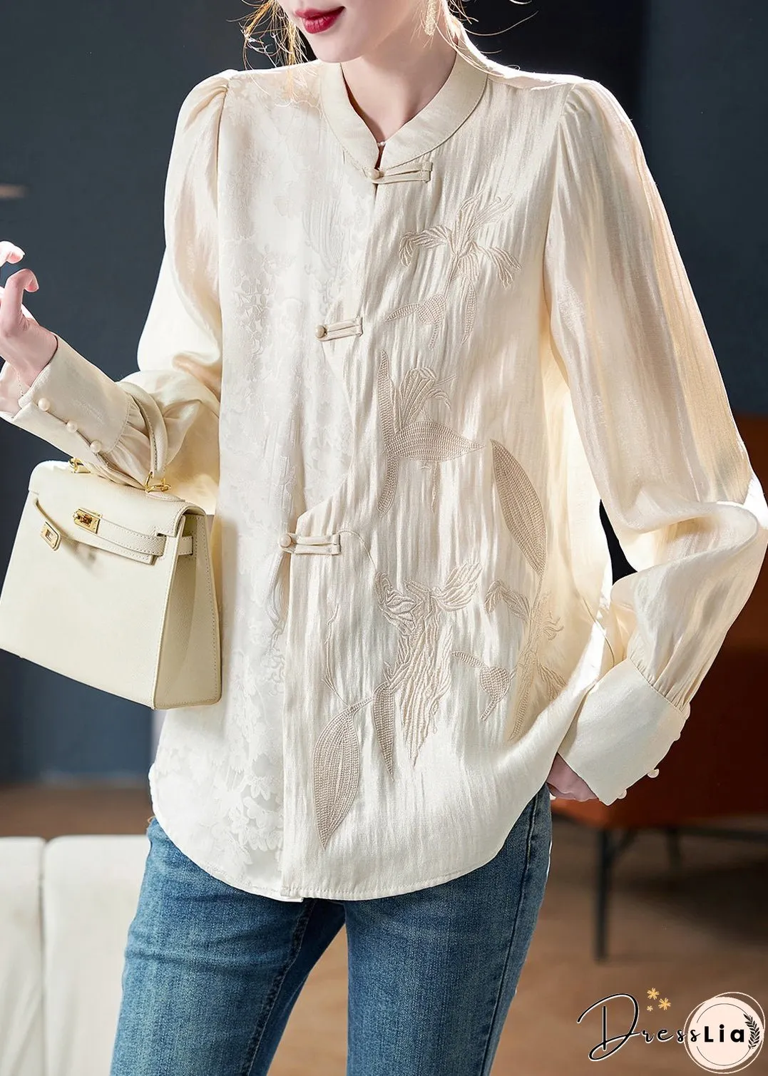 New Apricot Embroidered Button Cotton Shirt Long Sleeve