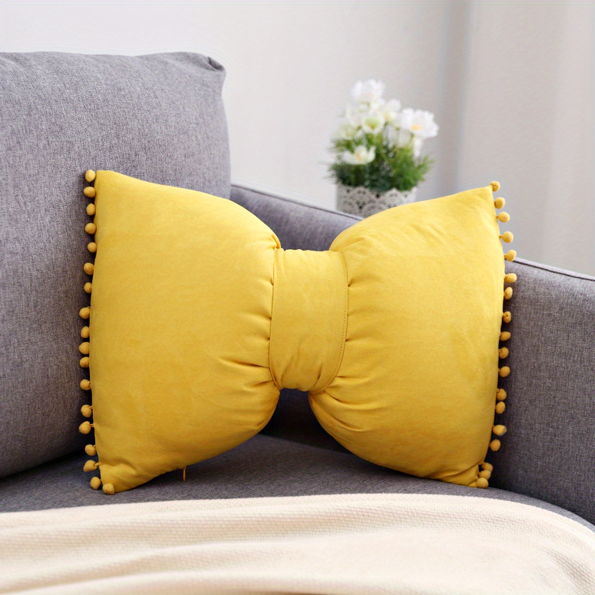 1pc Luxurious Faux Suede Fuzzy Pom Pom Bow Throw Pillow Cover - Soft, Removable, and Machine Washable Design - Perfect for Elevating Bedroom, Sofa, and Living Room Decor with Vibrant Colors and Textures - 12x20 Inches