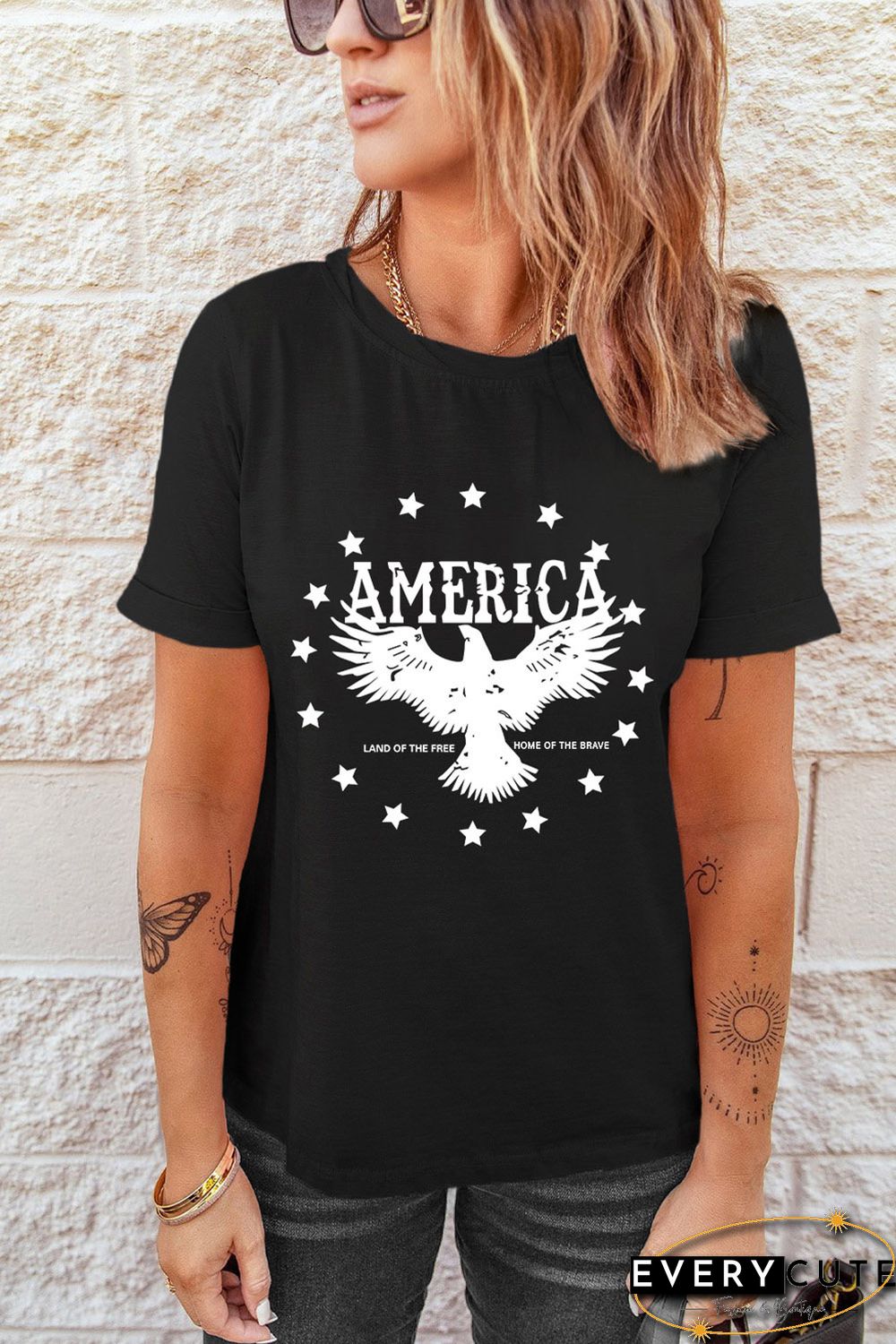 Black AMERICA Eagle Star Graphic Print Short Sleeve T Shirt