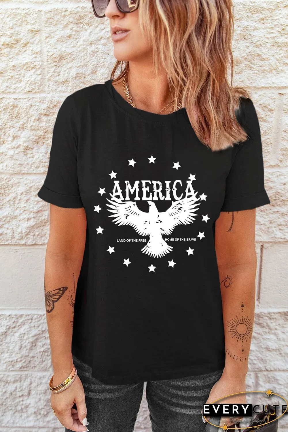 Black AMERICA Eagle Star Graphic Print Short Sleeve T Shirt