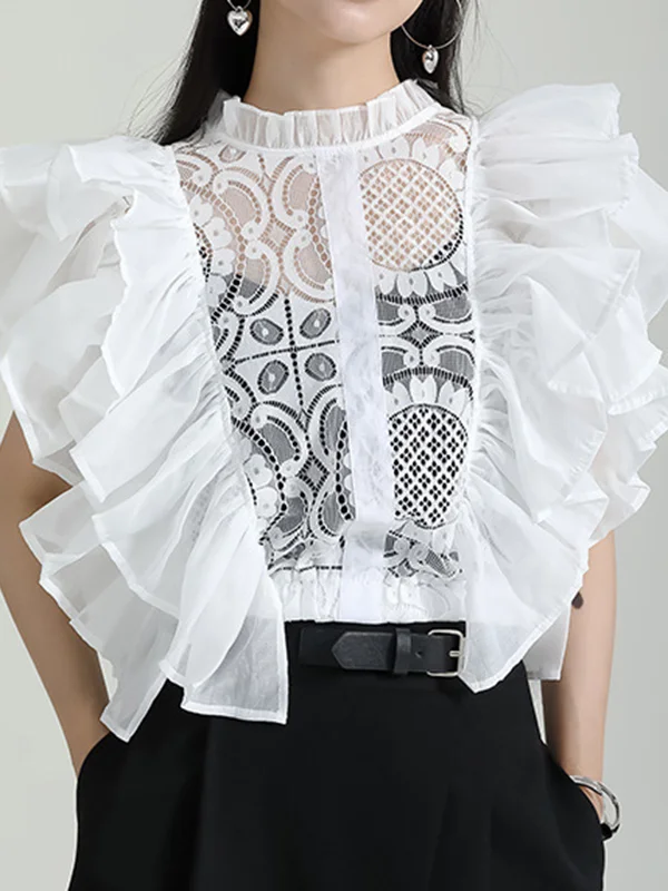 Flying Sleeves Gauze See-Through Split-Joint Round-Neck Blouses&Shirts Tops