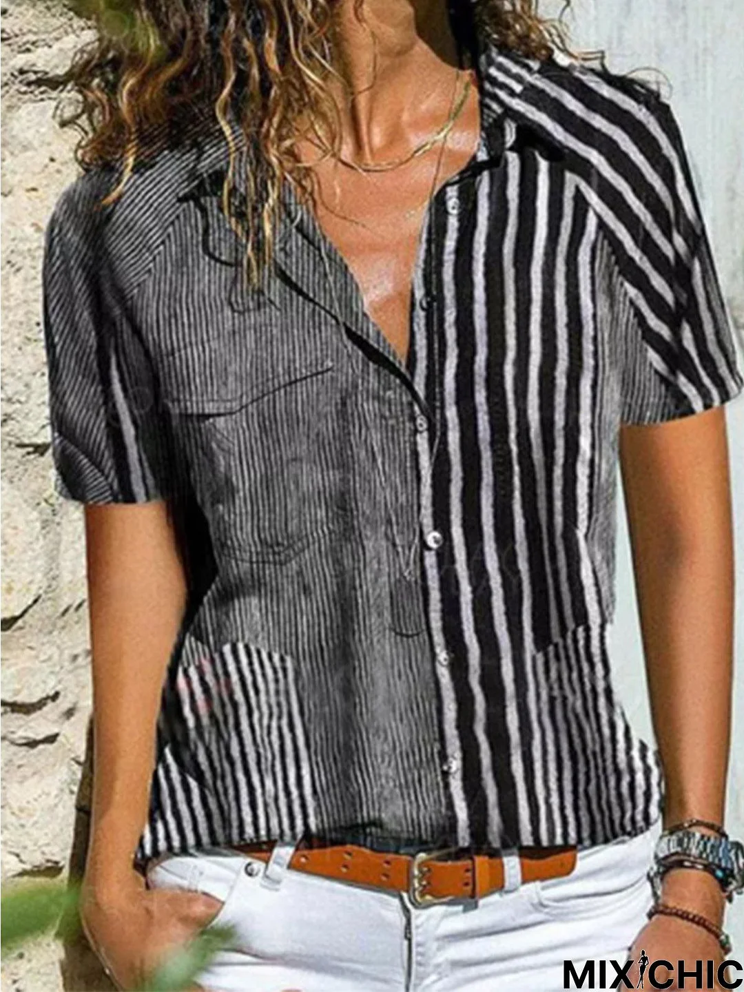 Summer Striped Pockets Blouse Casual Short Sleeve Top