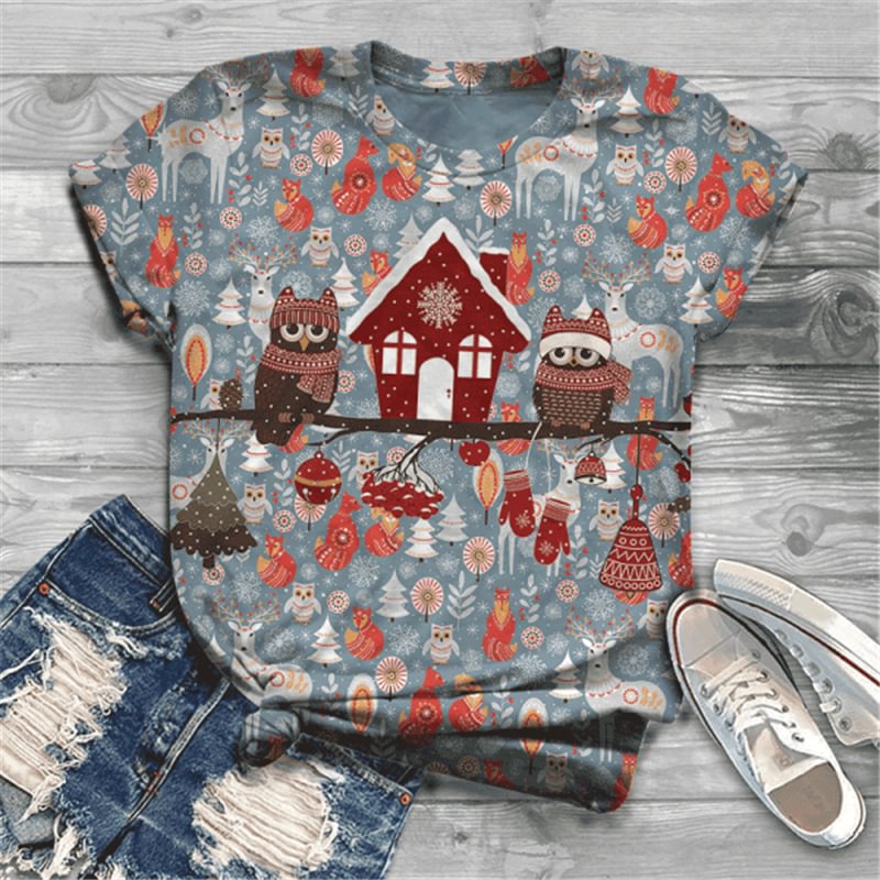 Christmas Cartoon Scene Cute Owls Print Short-sleeved Women's T-shirt