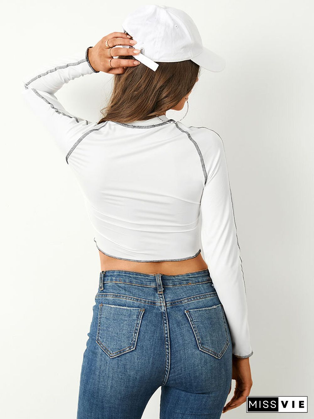 Contrast Color Stitch Long Sleeve Crew Neck Crop Top