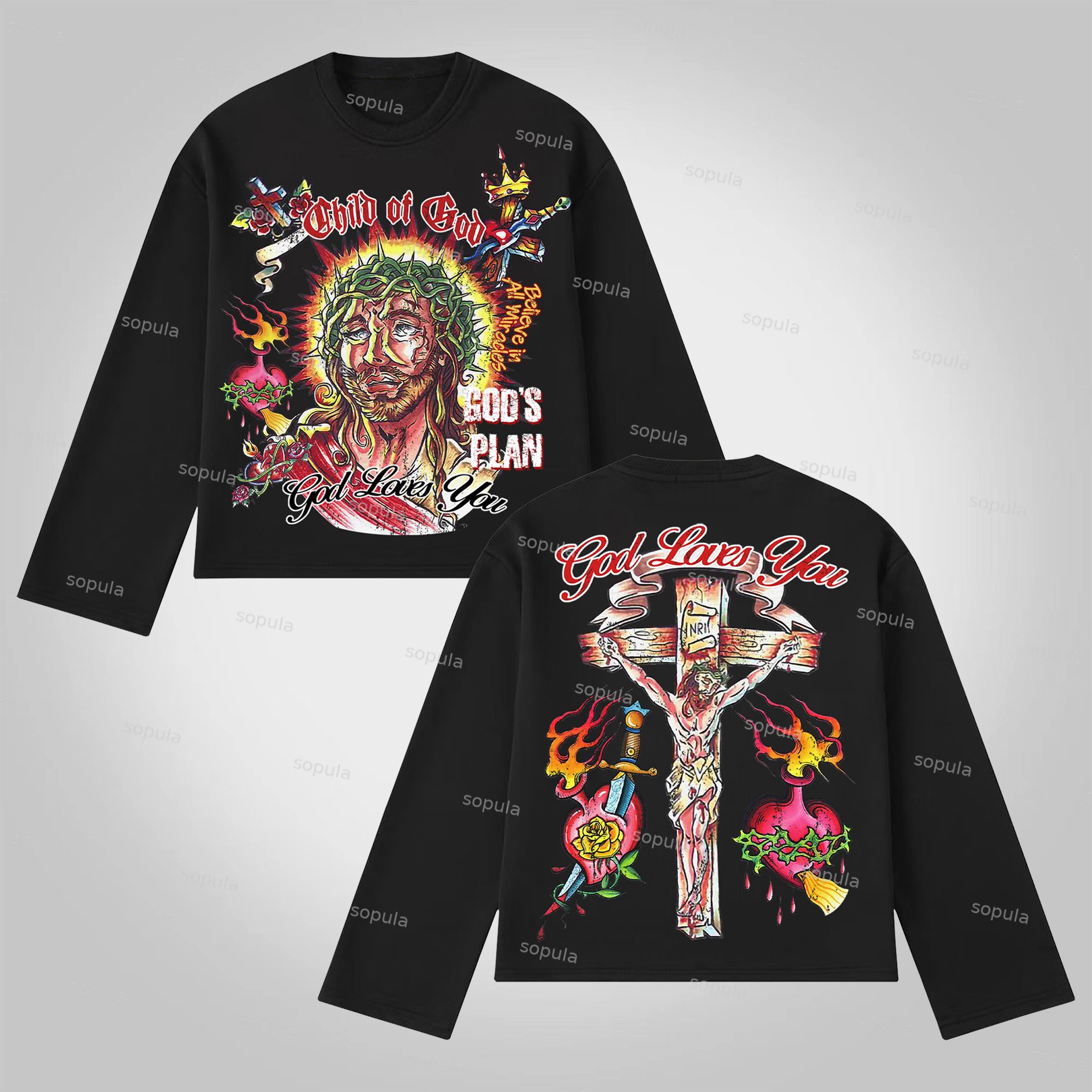 Sopula Jesus Portrait Faith Cross Graphic Print Cotton Long Sleeve T-Shirt - SOPULA