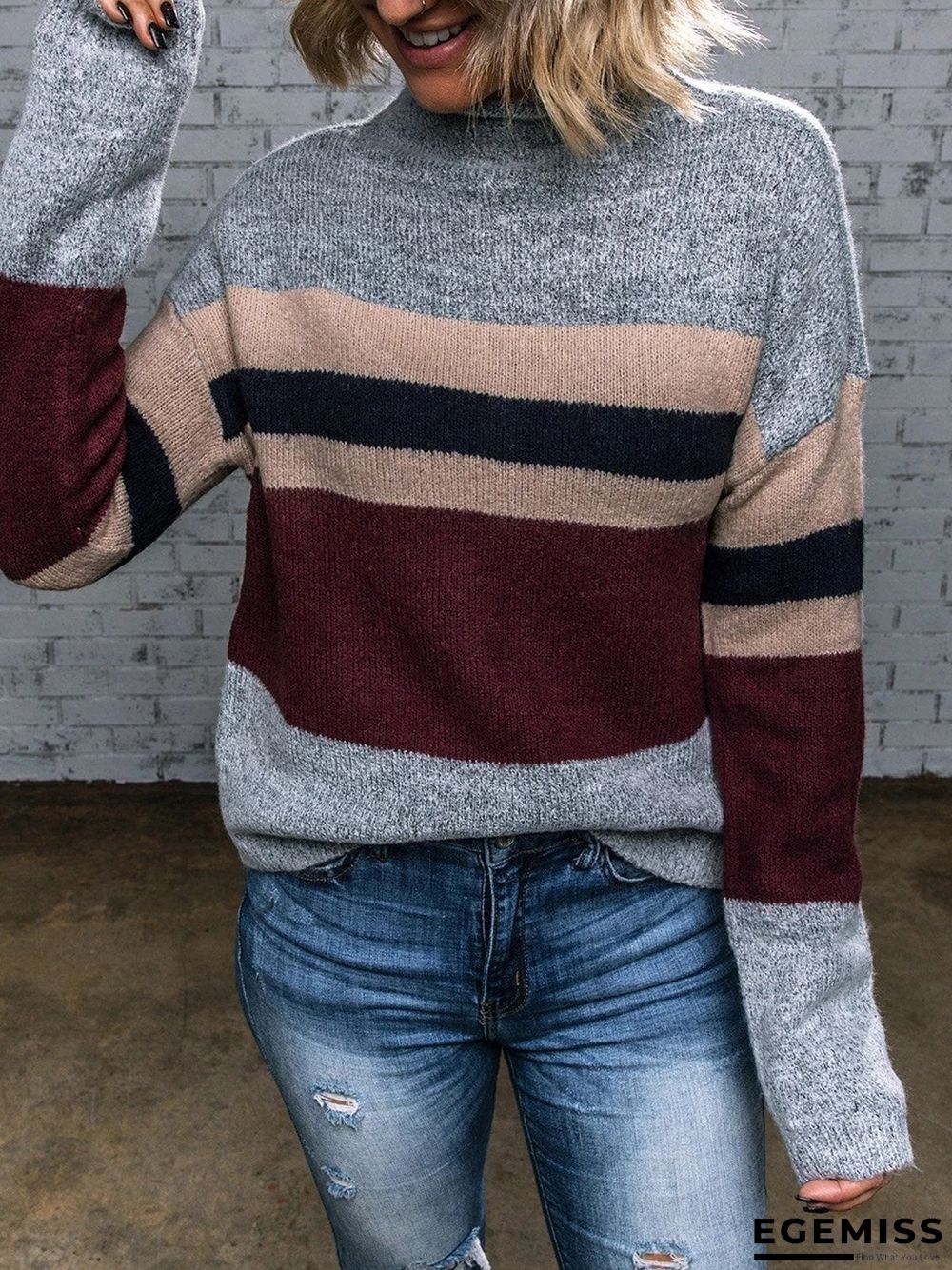 Color-Block Crew Neck Long Sleeve Sweater | EGEMISS