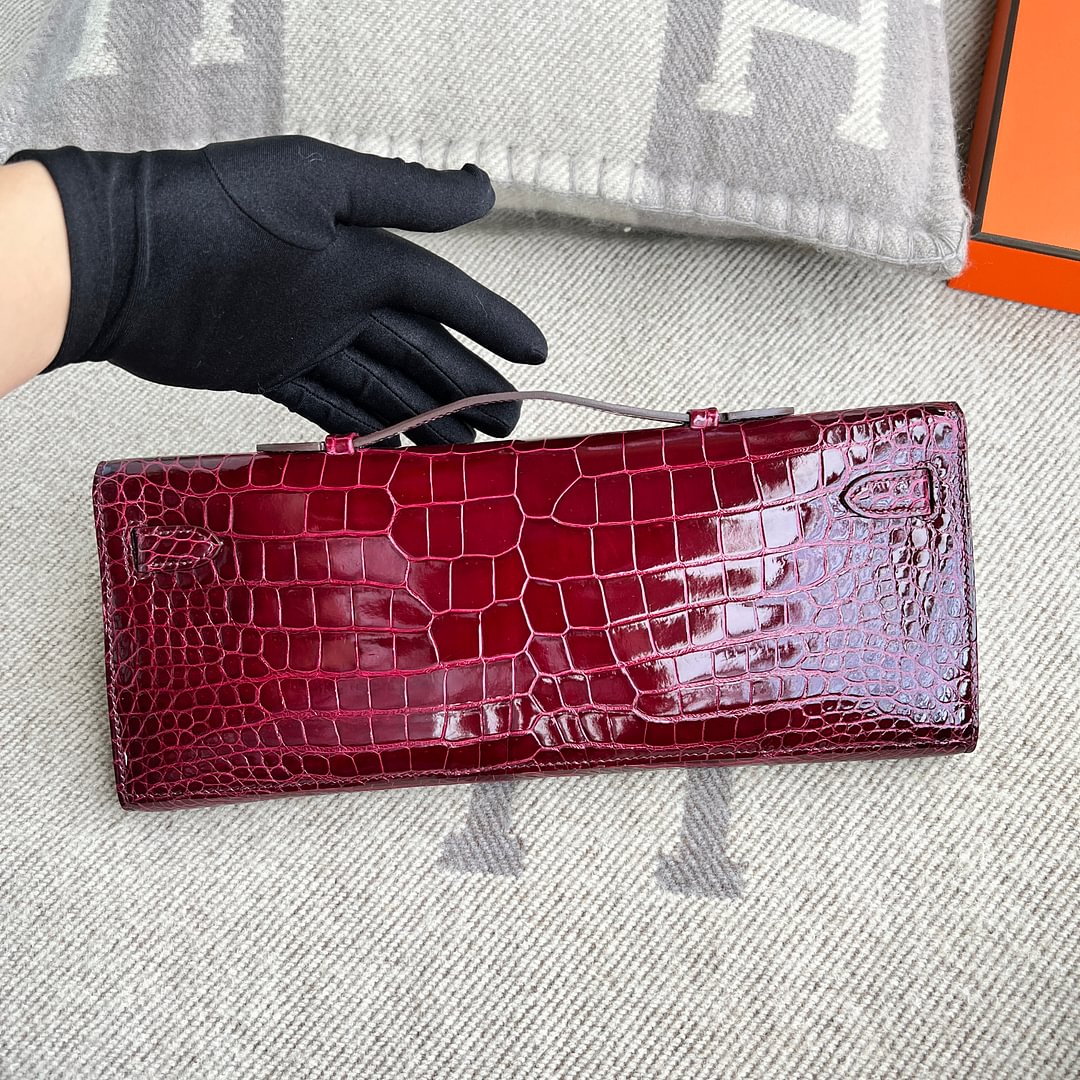 Kelly cut Shiny Porosus Crocodile 57 Bordeaux Red GHW