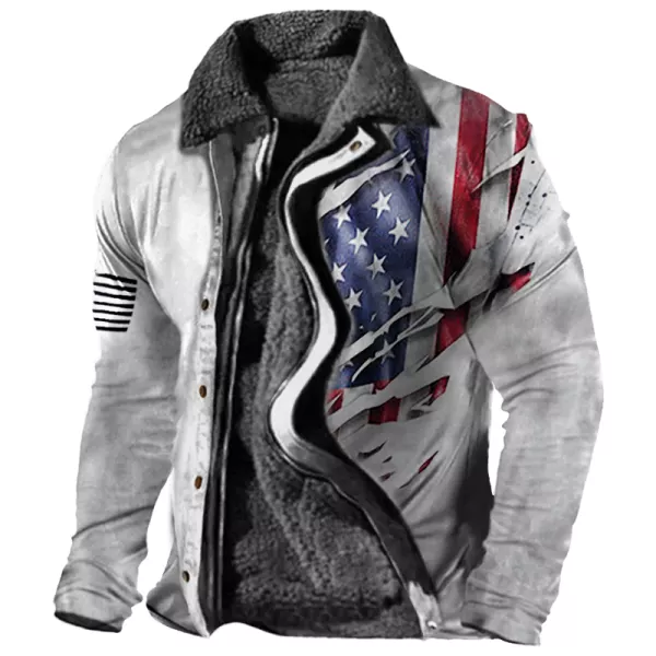 Mens Retro Lining Plus Fleece Zipper American Flag Print Jacket