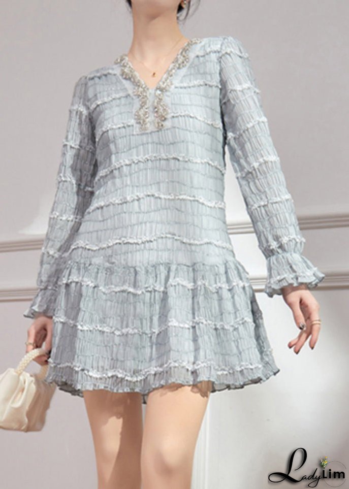 Chic Blue V Neck Ruffled Patchwork Sequins Chiffon Mid Dress Flare Sleeve