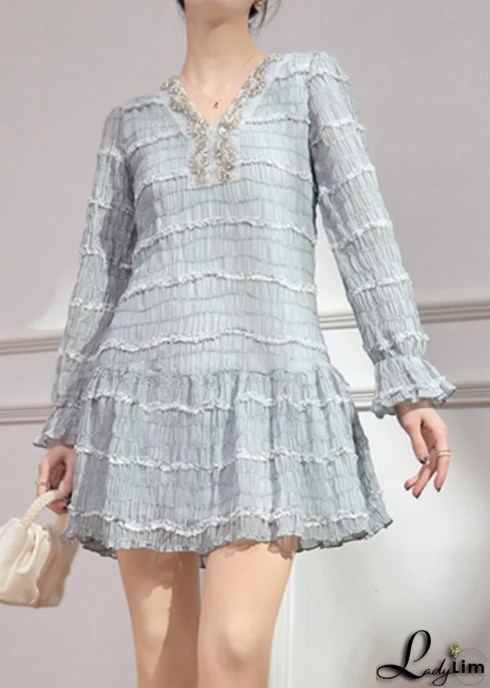 Chic Blue V Neck Ruffled Patchwork Sequins Chiffon Mid Dress Flare Sleeve