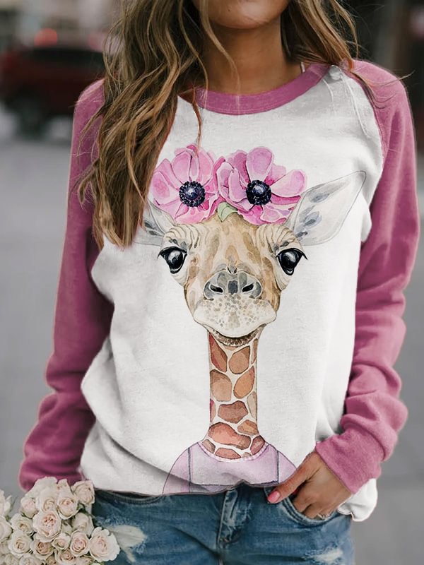 Artwishers Giraffe With Flowers Contrast Color Sweatshirt