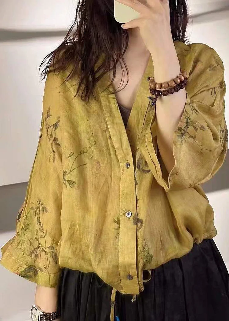 Vintage Yellow Print Button LaceUp Linen Blouse Tops Fall