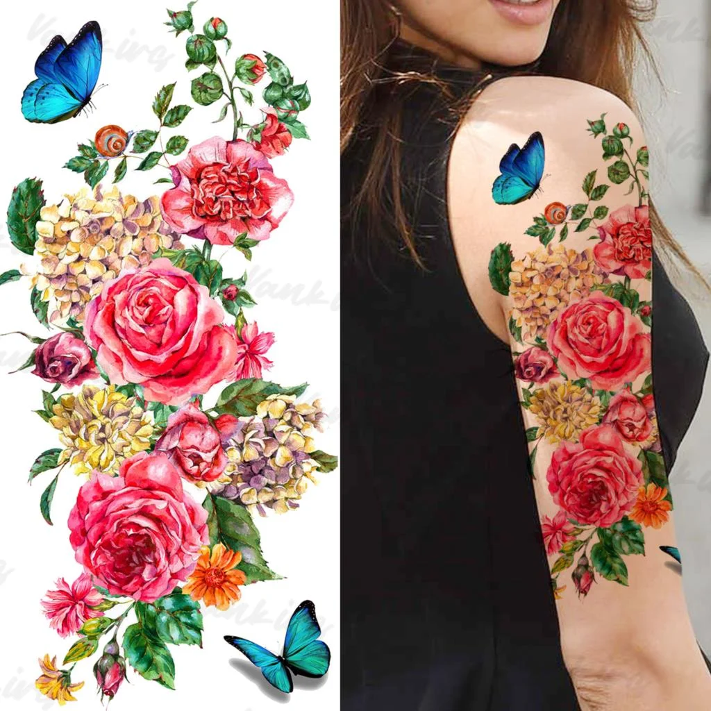 Sdrawing Flower Temporary Tattoos For Women Girls Realistic Lavender Butterfly Flower Fake Tattoo Sticker Forearm Body Tatoos 3D