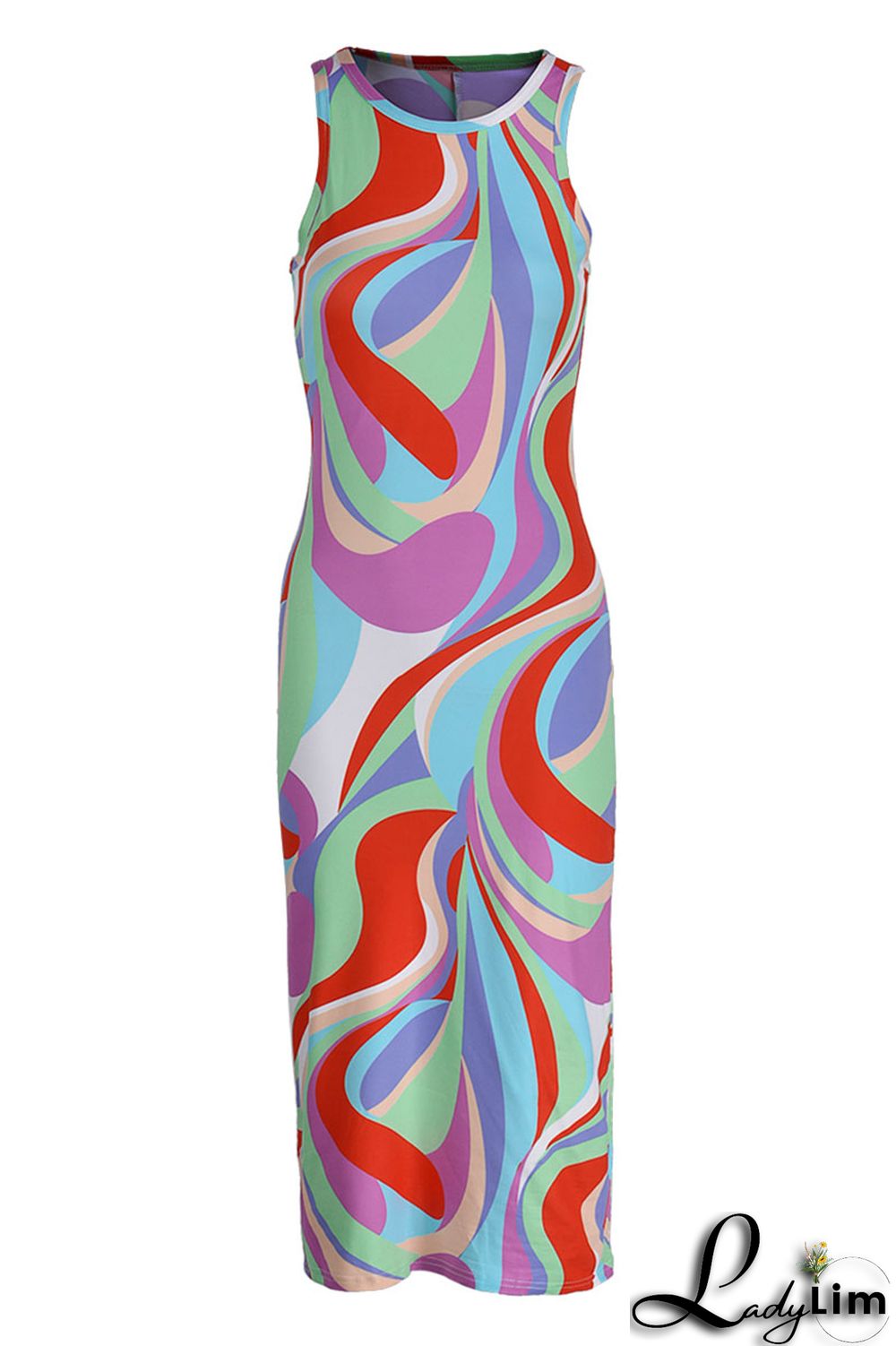 Red Sexy Print Split Joint O Neck One Step Skirt Dresses