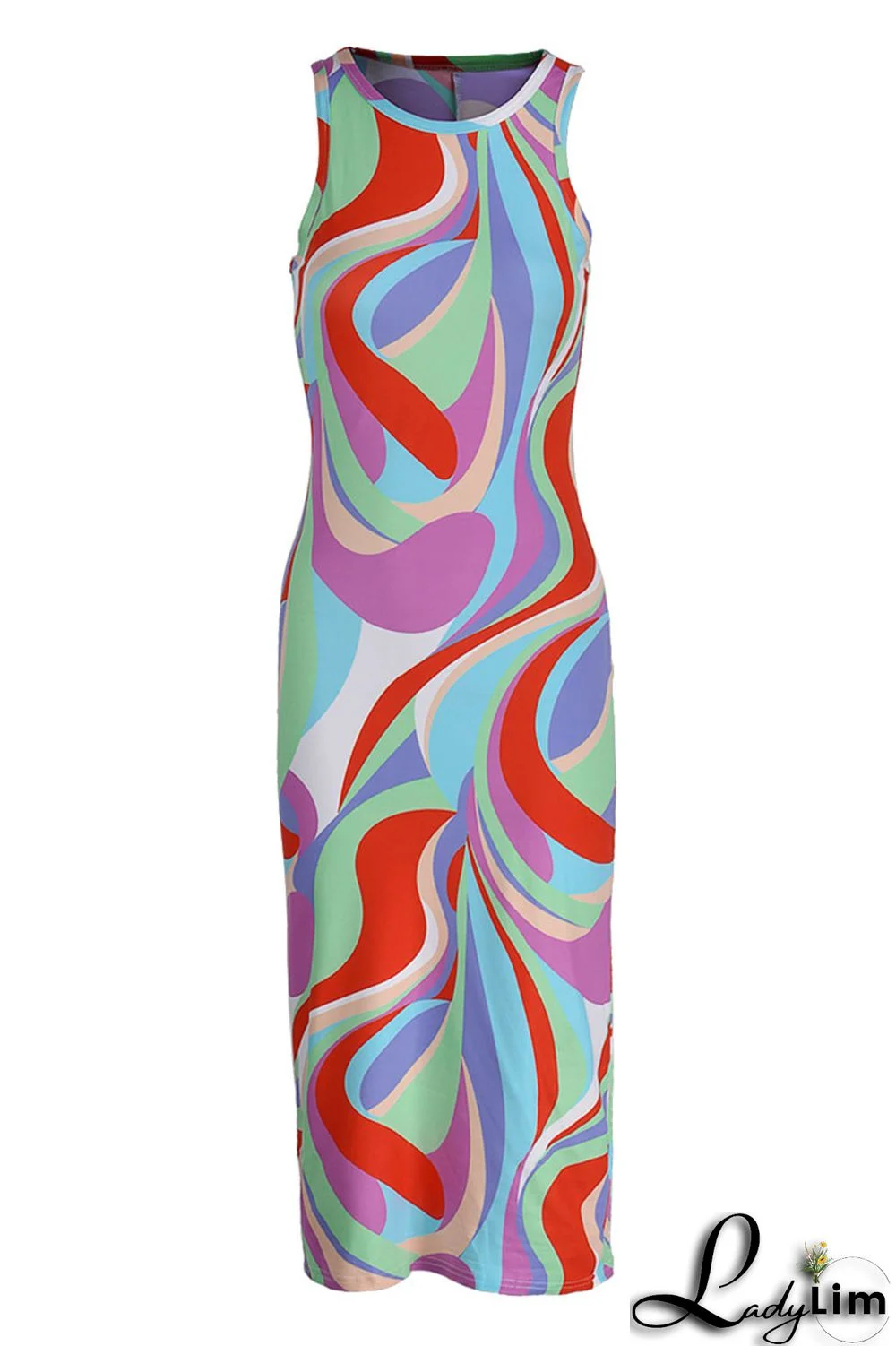 Red Sexy Print Split Joint O Neck One Step Skirt Dresses