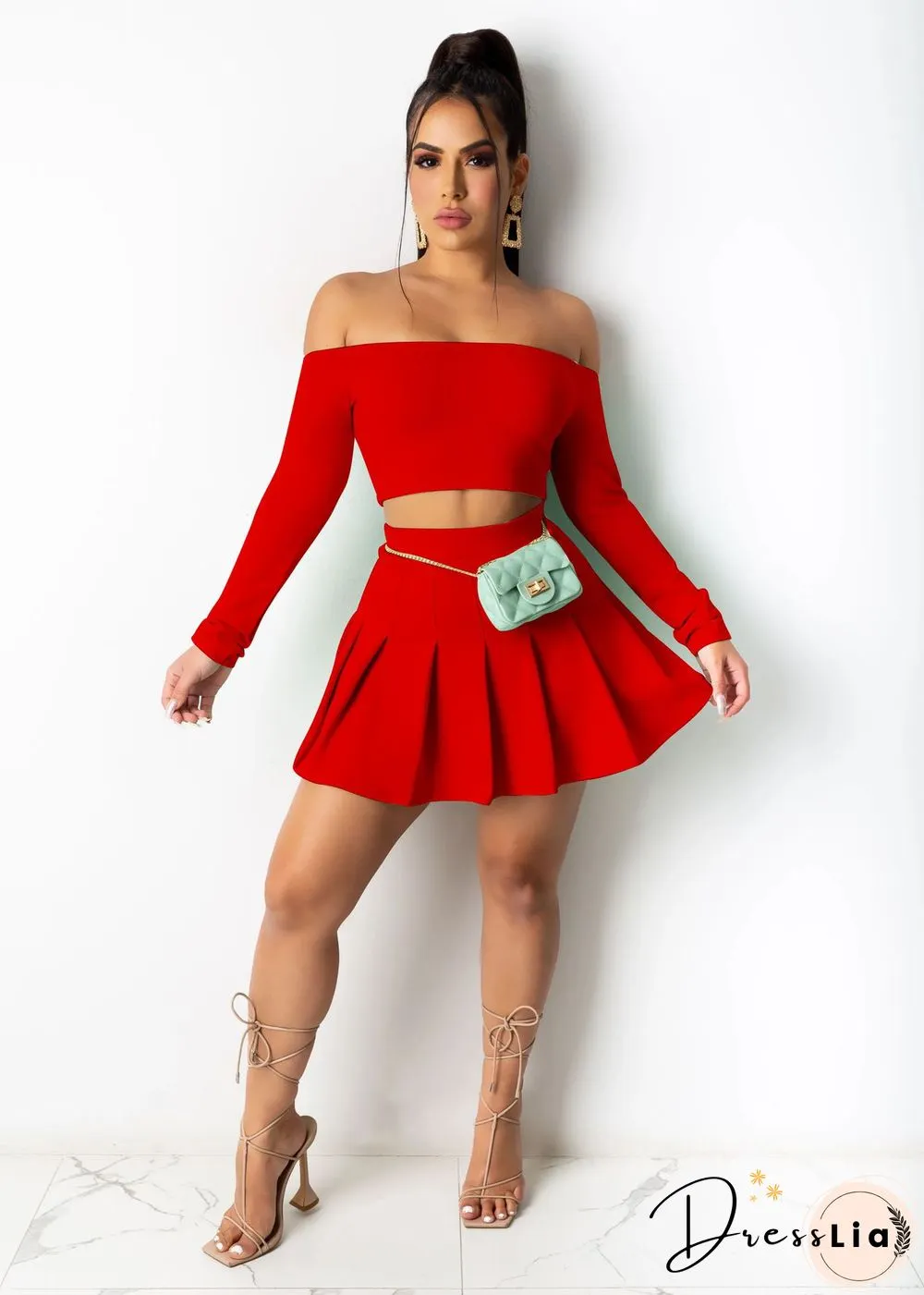 Sexy Off Shoulder Long Sleeve Crop Top Pleated Skirt 2 Piece Set