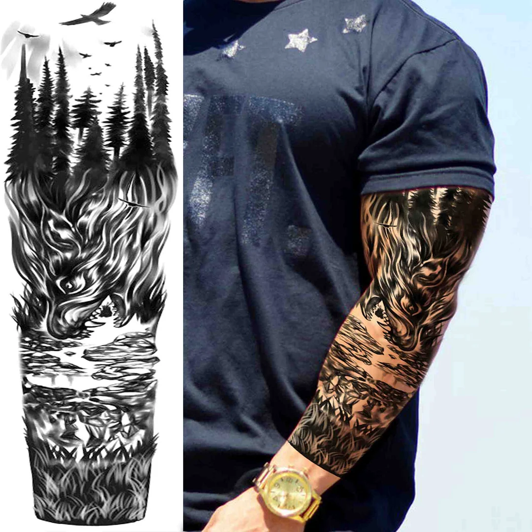 Sexy Wolf Full Flower Arm Temporary Tattoo Stickers For Men Body Art Sleeve Tattoo Decals Girl Women Waterproof Tatoo Fox Legs
