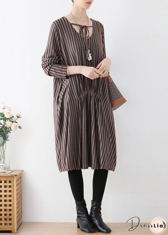 Organic Coffee V Neck Striped Knitted Cotton Thread Maxi Dress Fall