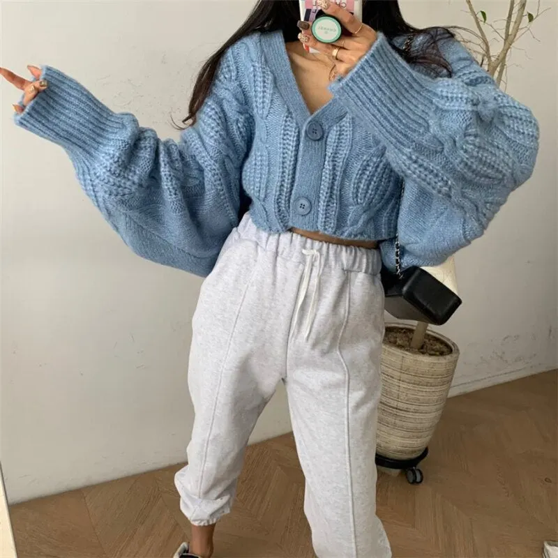 Syiwidii Vintage Criss-Cross Cardigan Woman Sweaters Fall Winter 2021 Raglan Sleeve V Neck Button Up Jackets Knitted Short Coats