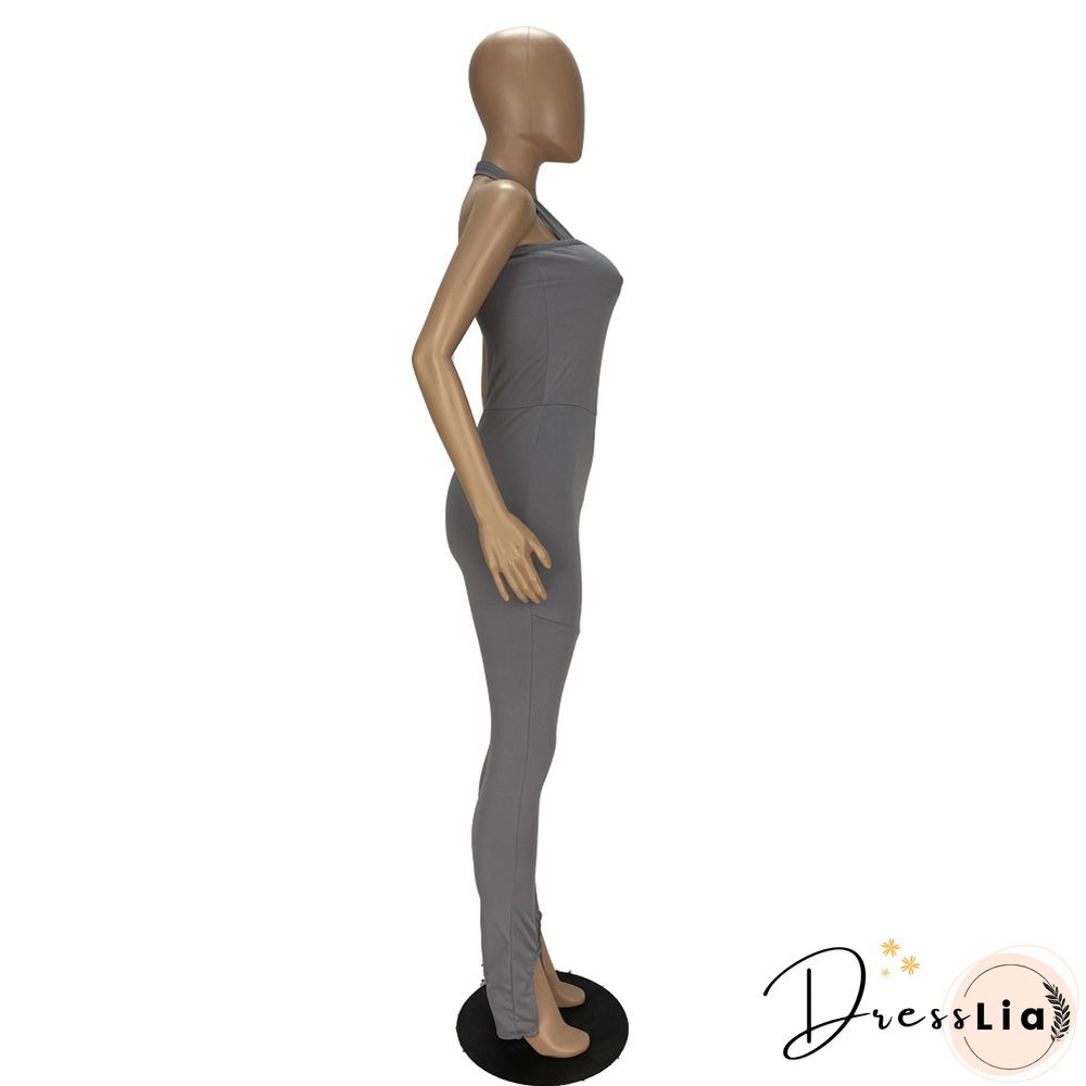 Women Solid Color Sportswear Sleeveless Halter Bodycon Jumpsuits