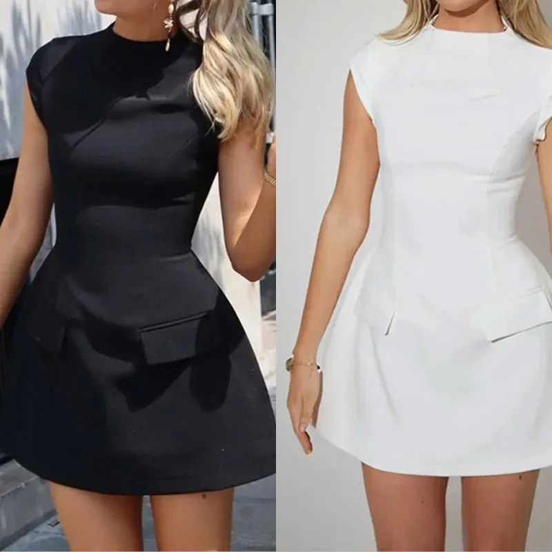 Uveng Uveng Women's Wear Elegant High Waist Sexy Mini Skirt Women's Fashion Round Collar Short Sleeve Zip Dress