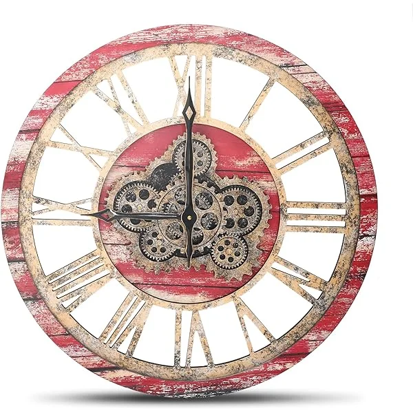 Whiteleopards 24”Red Large Wall Clock Original Mobile Gear Wall Clock Retro Industrial Large Rural Farmhouse Wall Clock