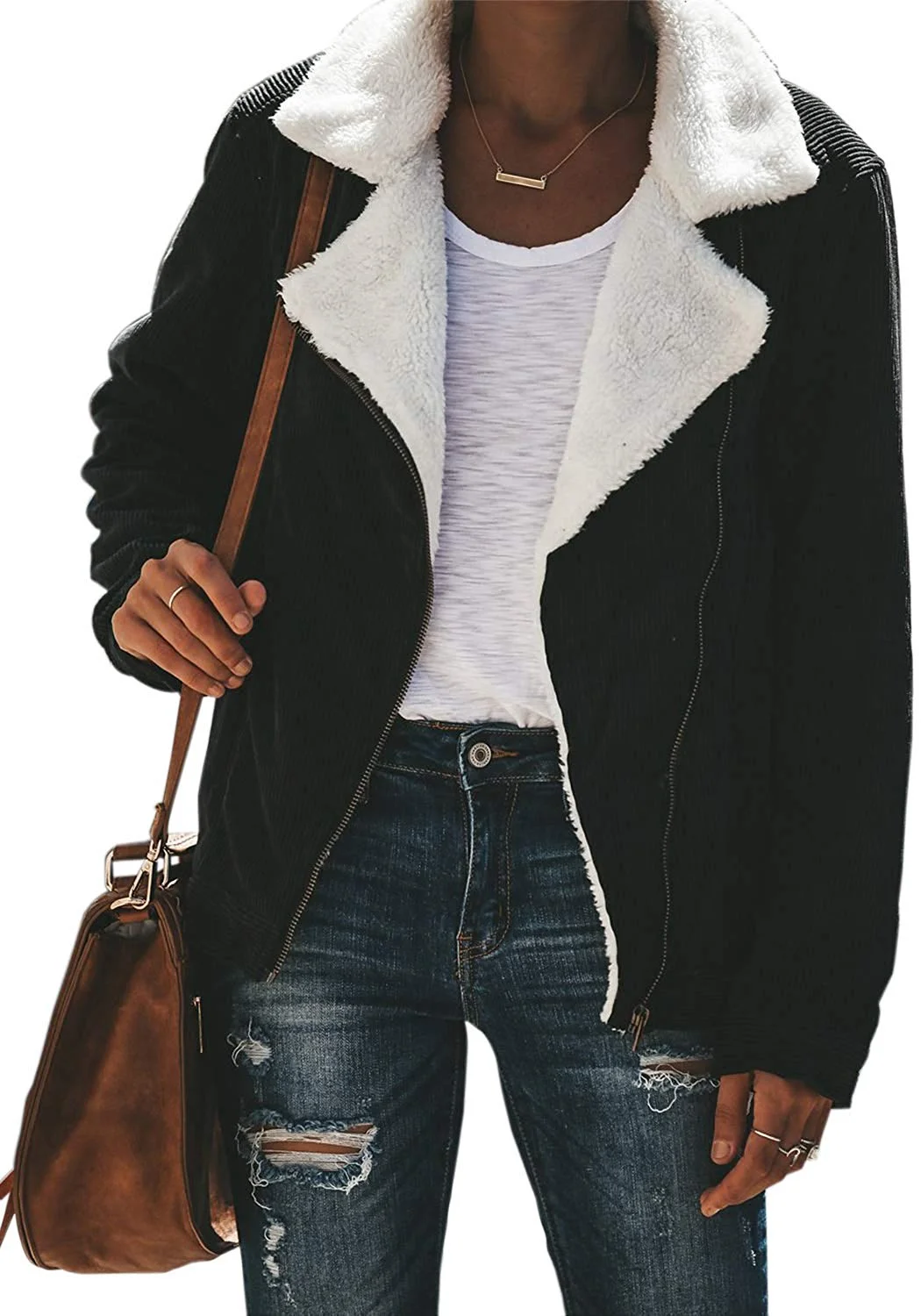 Womens Faux Fur Jacket Outwear with Pockets Lapel Zip Up