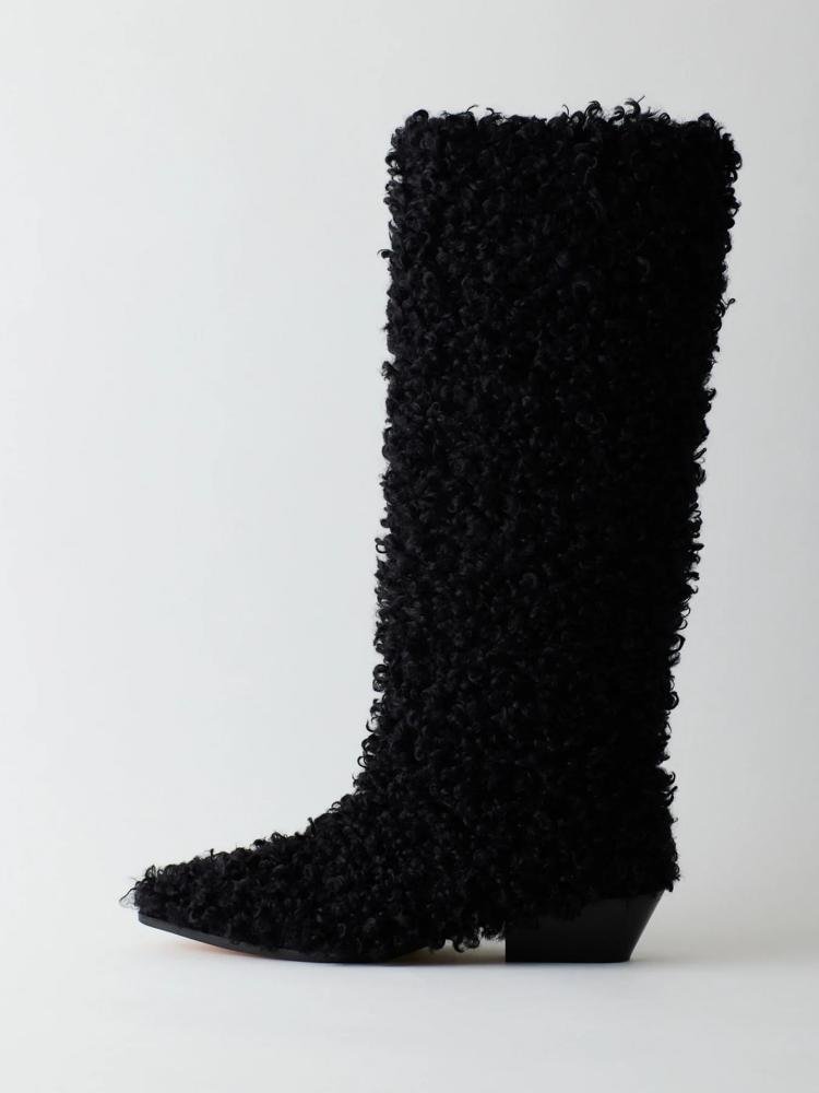 Faux Fur Low Chunky Heel Western Mid Calf Boots