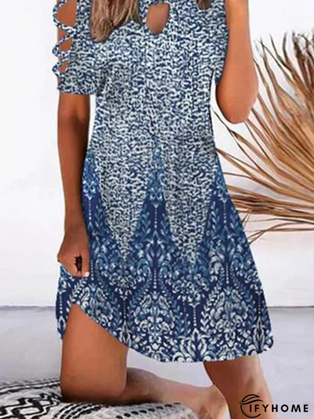 Notched Printed Short Sleeve Casual Dress | IFYHOME