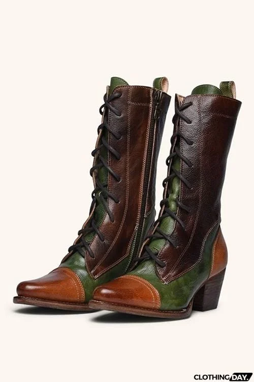 Viantage Leather Lace Up Chunky Heel Boots