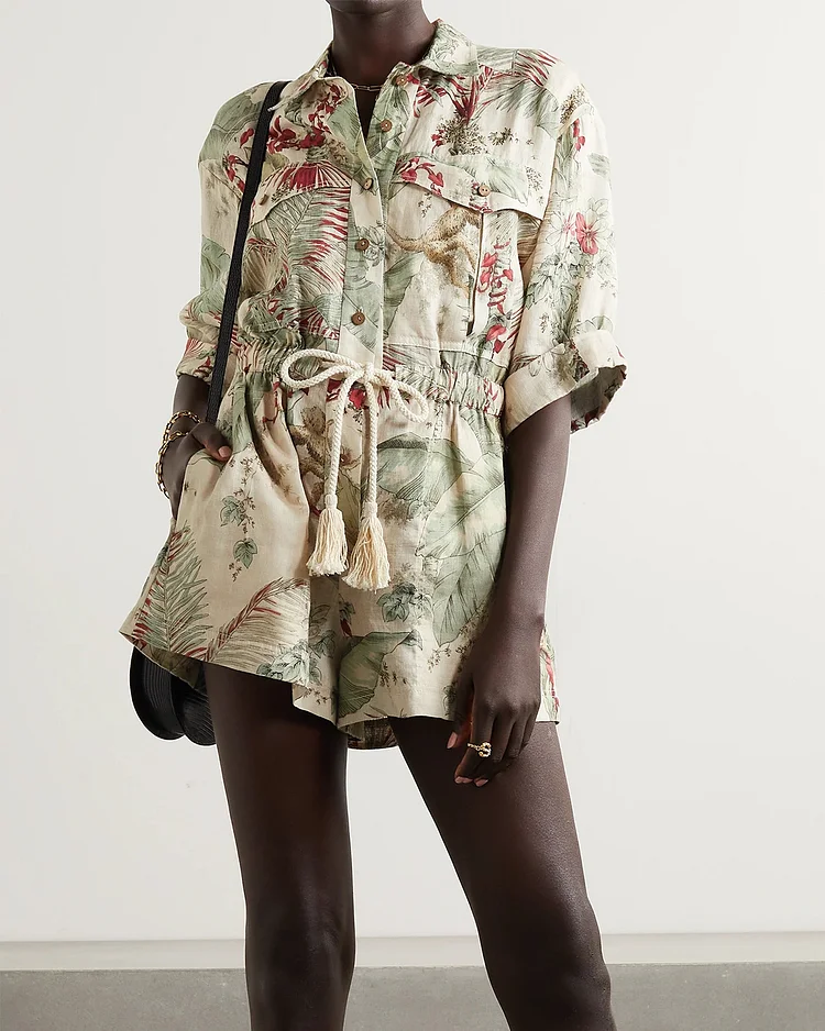 Short-sleeved printed loose casual jumpsuit