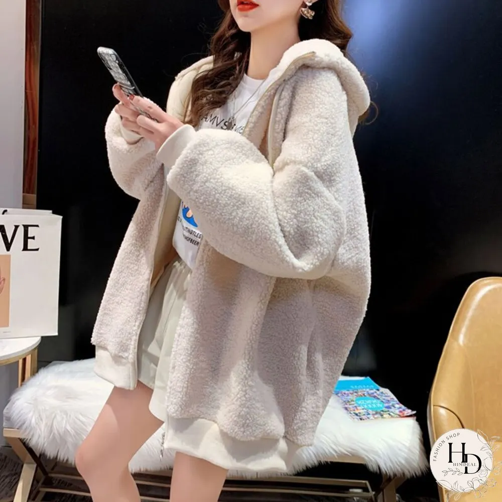 Winter Warm Embroidery Letter Wool Coats With Hood Women Loose Casual Korean Fashion Lady