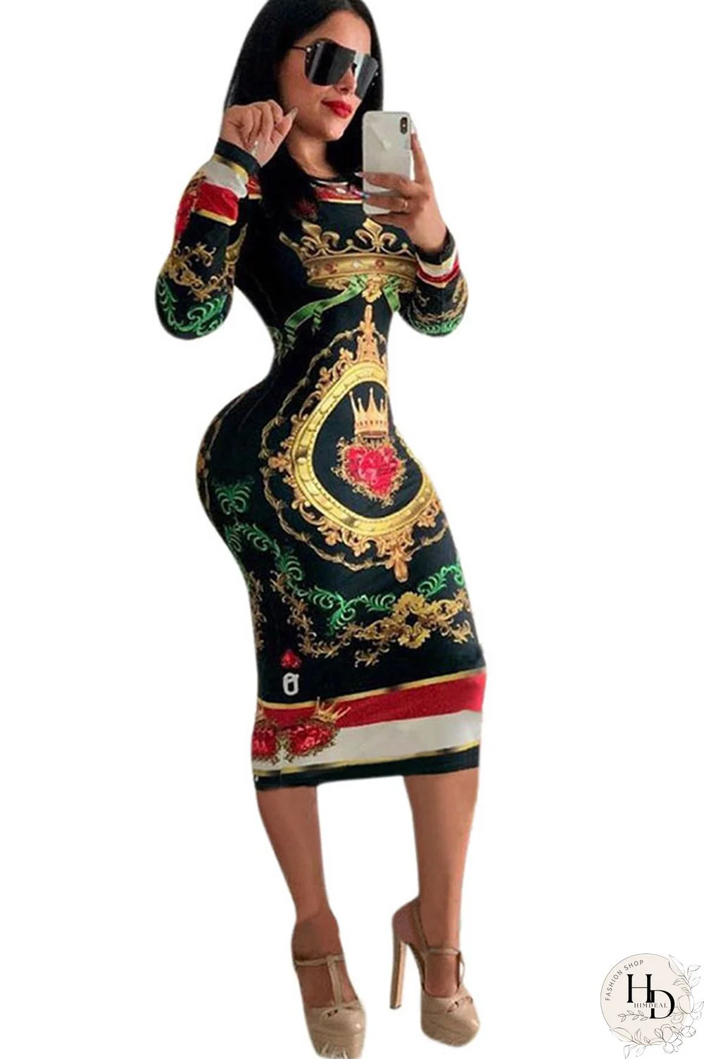 Black Fashion Long Sleeves O neck Slim Dress Mid-Calf Print Print Dresses