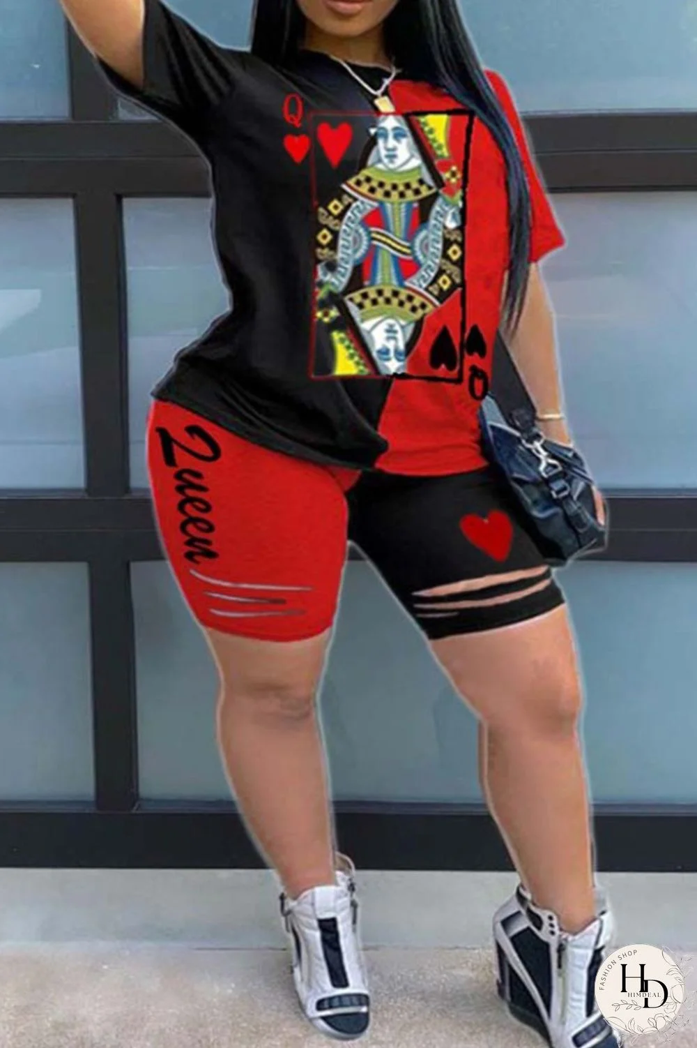 Black and red Fashion Casual Print Two Piece Suits O Neck Plus Size Two Pieces