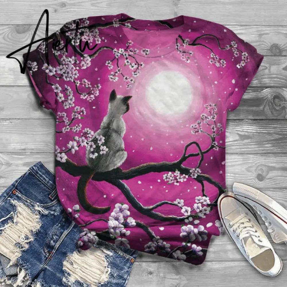 Cute Lovely Cat Y2k Graphic T Shirts Women Summer Short Sleeve Harajuku Tees Top Ladies Animal Tshirts Alternative Clothing Aiertu