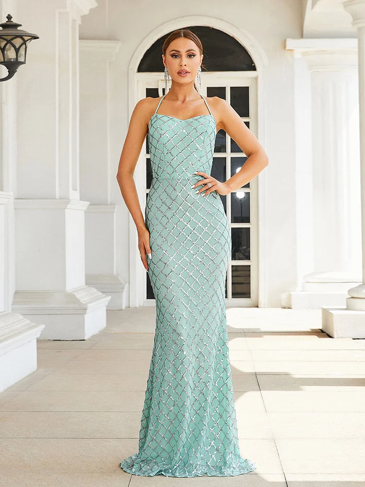 Formal Halter Neck Sequin Sage Green Evening Dress RJ10251