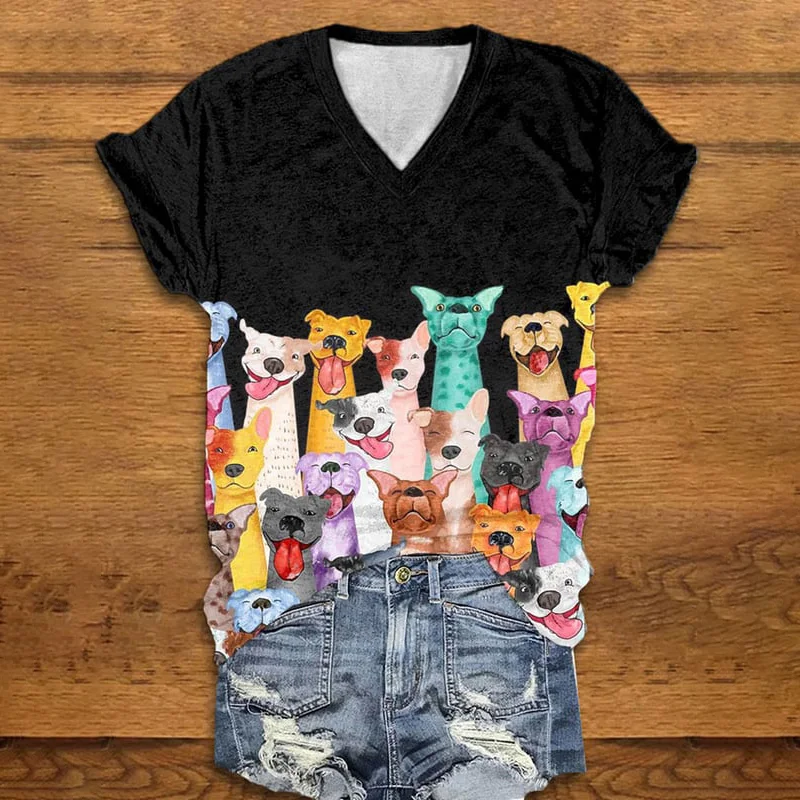 Fun Colorful Dogs Print V-Neck T-Shirt