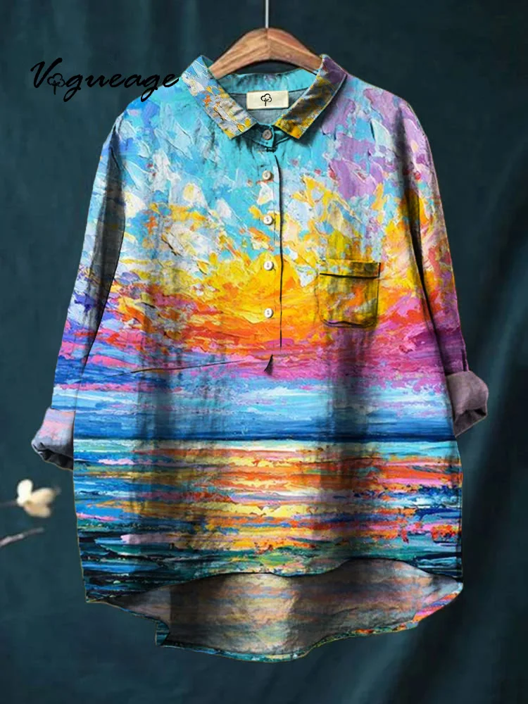 Dreamy And Elegant Oil Painting Printed Cotton And Linen Shirt