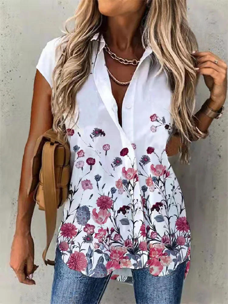 Women plus size clothing Women Short Sleeve Shirt Collar Floral Printed Graphic Button Top Shirts-Nordswear