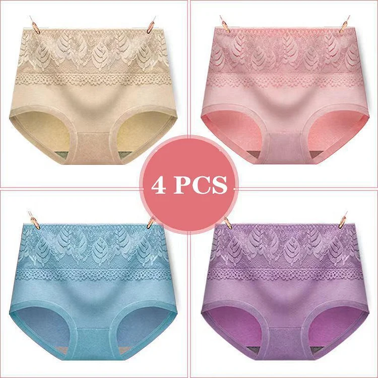 [4 PCS] 100% Cotton High-Waist Lace Slim-Fit Panties