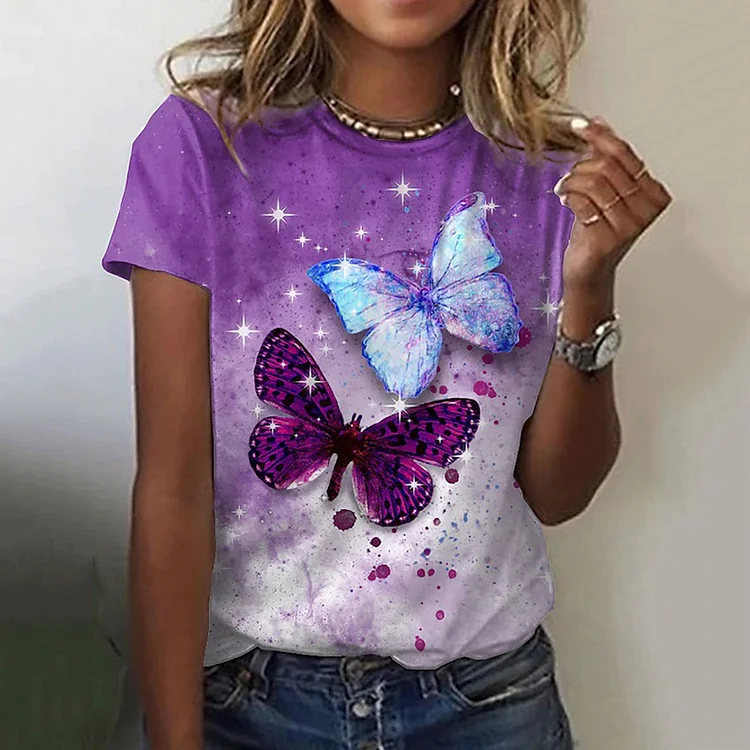 Crewneck Casual Loose Butterfly Print T-Shirt